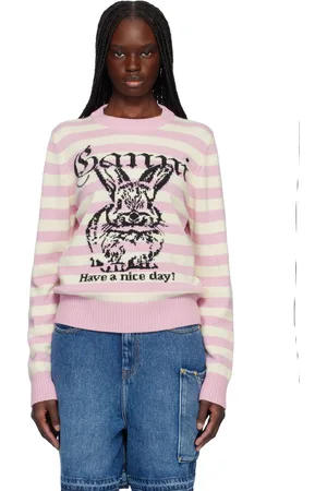 Ganni Pink & White Striped Graphic Wool Bunny Sweater