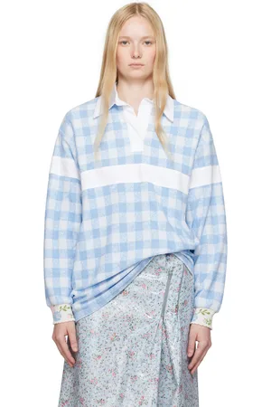 Anna Sui Blue & White Gingham Terry Long Sleeve Polo