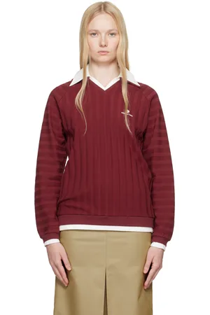 Shushu/Tong Burgundy Striped Knitted Long-Sleeved Polo