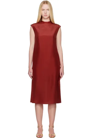 Carven Red Straight Silk Toile Midi Dress