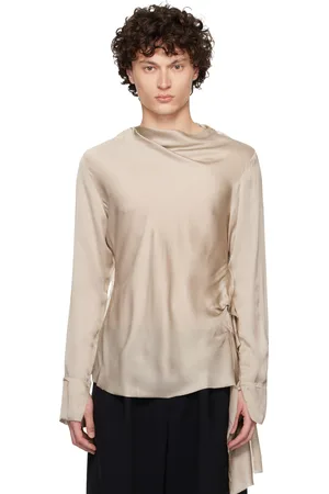 AARON ESH Taupe Draped Neck Long Sleeve Silk Blouse