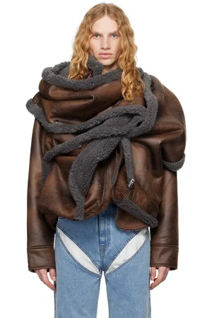 Y / PROJECT Brown & Gray Snap Off Panel Hood Aviator Faux-Leather Jacket