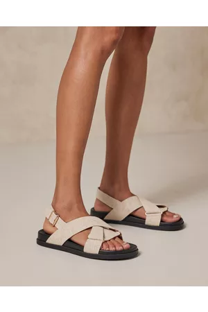 Ruched Ankle Strap Crossover Leather Footbed Sandals by AERE Online, THE  ICONIC