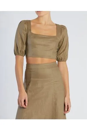 Brown Abstract Crop Top Square Neck Linen