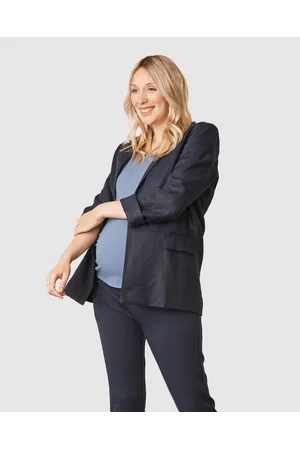 Angel Maternity Sadie Maternity Linen Blazer Jacket in Navy - Coats & Jackets Sadie Maternity Linen Blazer Jacket in Navy