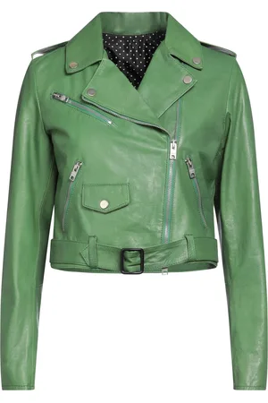 Green leather jacket with on sale fur